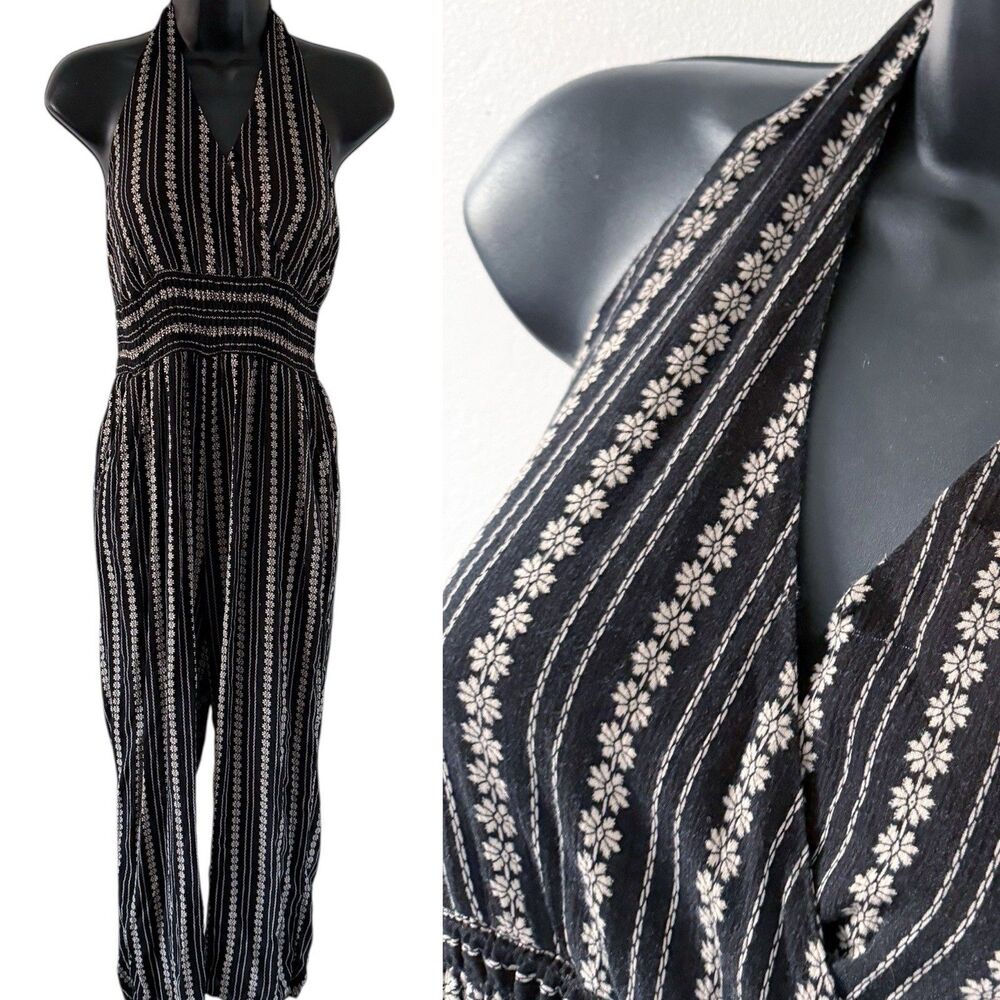 American Eagle Halter Jumpsuit One Piece Black Floral Stripe Pockets Women Large
